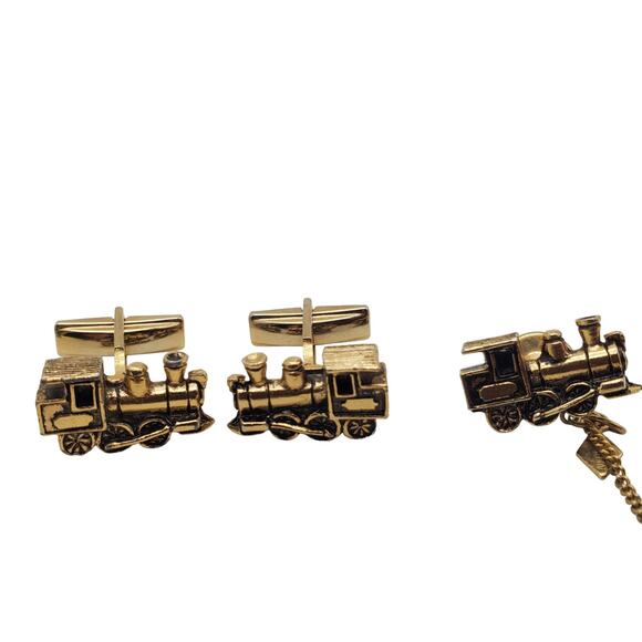 Sarah Coventry Train Cufflinks & Tie Pin Locomotive Railroad Steam Engine Tack - Picture 3 of 6